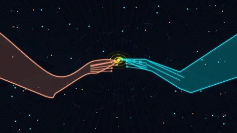 Digital connection concept neon robotic hands touching Stockbeeldmateriaal 346966542