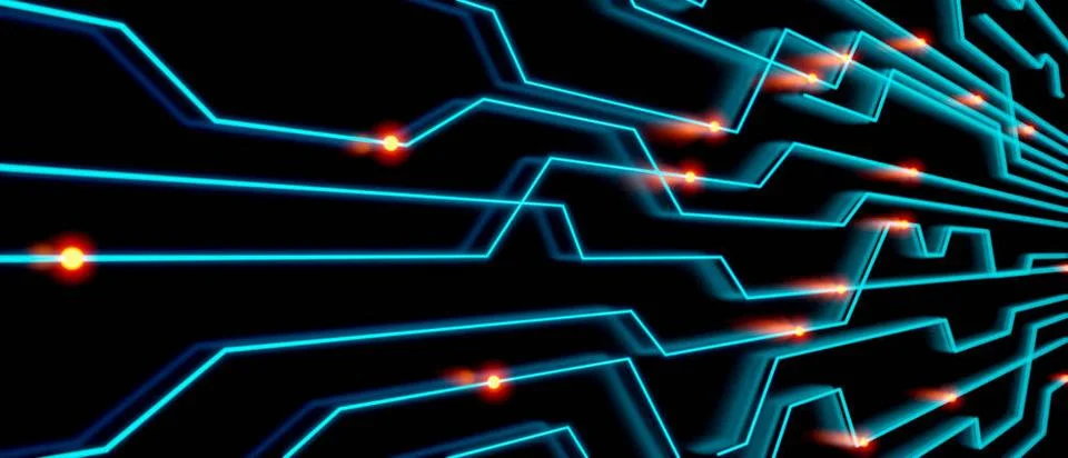 Digital connections, node tree, control desk with flowing orange data poin... 스톡 사진