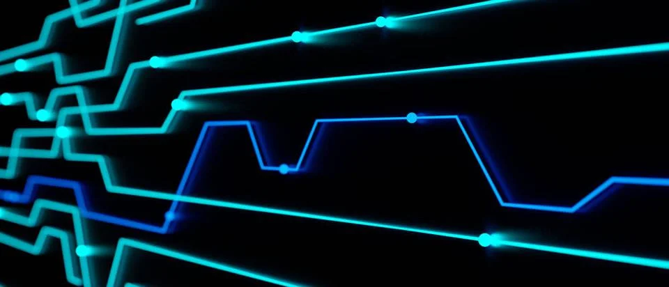  Digital connections, node tree, control desk with flowing blue data point... Stock Photos