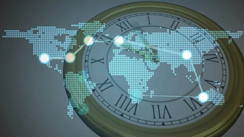 Digital connections over world map with animation of vintage clock showing time Stock Footage 303536400