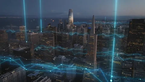 Digital Connectivity Network Overlaying Modern Metropolitan City at Night Stock Footage 331043560