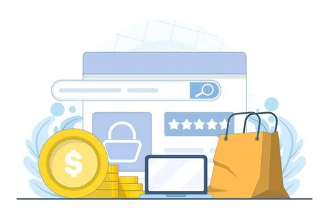 Digital consumer feedback and e-commerce shopping experience with five-star Stock Illustration