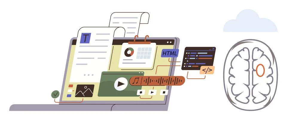 Digital Content Creation and Coding with Laptop, Multimedia Elements, and Stock Illustration