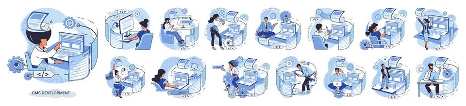 Digital content management system scenes set, CMS software, program development Illustrazione stock