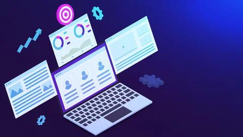 Digital content marketing strategy concept with laptop isometric Illustrazione stock