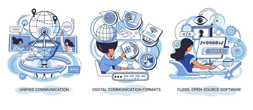 Digital content with online data. Floss open sourse software unified Ilustración de archivo