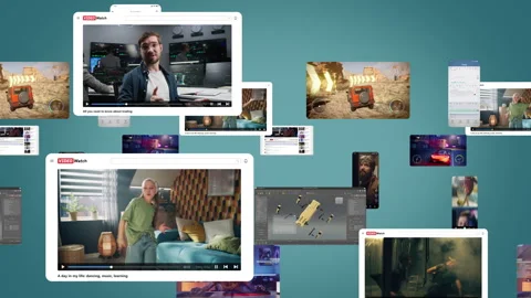 Digital Content Overload Multiple Screens With Trading, Gaming, Vlogs Stock Footage 321138782