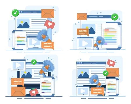Digital content strategy set with branded media, newsletter promotion. Stock Illustration
