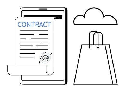 Digital Contract Agreement Displayed on Tablet with Shopping Bag and Cloud Ic Ilustração Stock