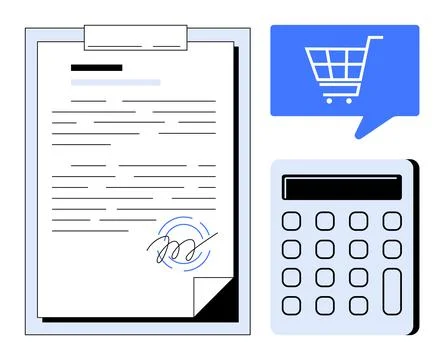 Digital Contract Agreement with E-commerce Cart and Calculator for Financia.. Ilustração Stock