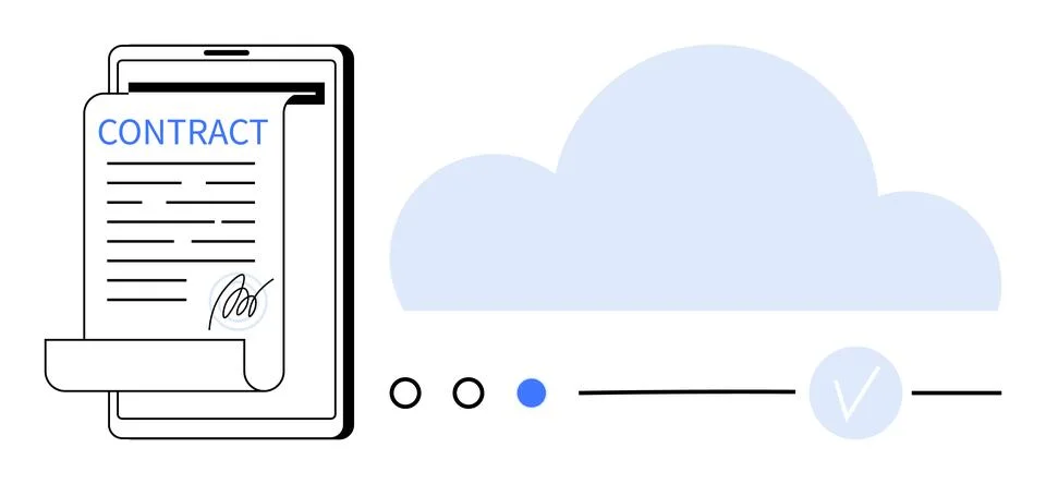 Digital contract displayed on tablet with cloud icon, progress indicator, and Stockillustratie