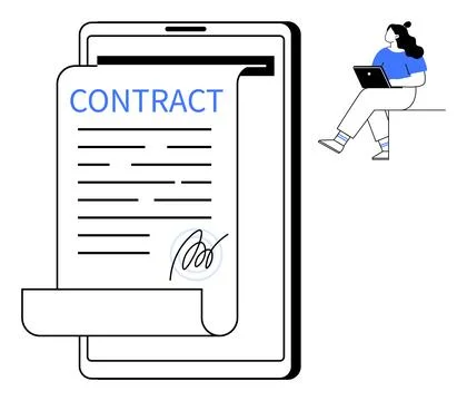 Digital Contract Signing on Tablet with Remote Worker Using Laptop Stock Illustration