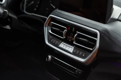 Digital control panel car air conditioner dashboard. Modern car interior cond Stock Photos