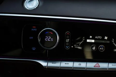 Digital control panel car air conditioner dashboard. Modern car interior cond Stock Photos