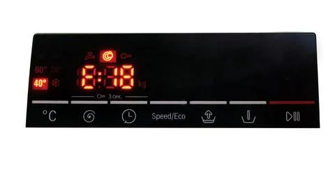 Digital control panel of washer with glowing red LED display. Electronic inte 스톡 사진
