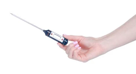 Digital cooking thermometer in hand Stock Photos