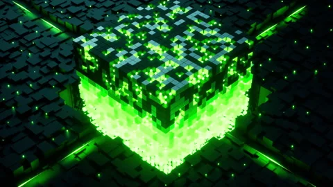 Digital core block assembling glowing green data cubes 3D render Stock Footage 320198611