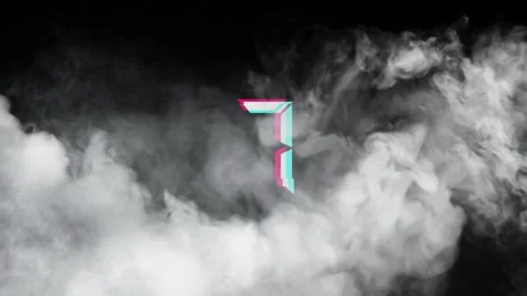 Digital countdown clock floating inside dense white smoke clouds against dark Stockbeeldmateriaal 343501584
