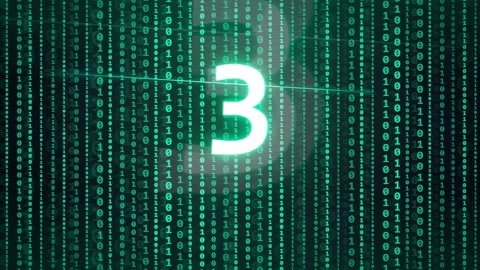 Digital countdown number three over glowing green binary code background for Stock-Footage 343154107