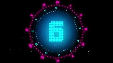 Digital countdown timer with glowing neon circular clock face and floating Stock Footage 344239376