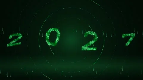 Digital countdown year 2027 graphic display with binary code lines in dark .. Видео 347995638