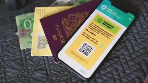 Digital COVID-19 Vaccination Certificate on Smartphone with Passports Stock Footage 318367518