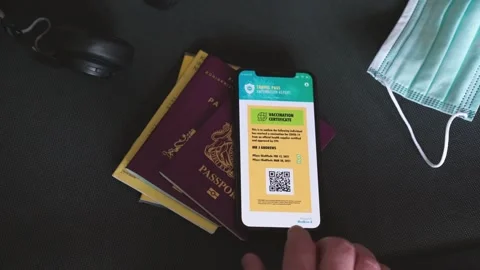 Digital COVID-19 Vaccination Certificate on Smartphone with Passports Stock Footage 318367689