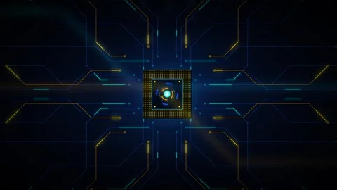 Digital cpu processor chip with glowing circuit board lines and data networ.. Stock Footage 337559694