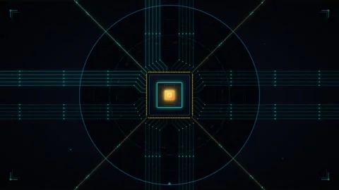 Digital cpu processor chip with glowing data circuit lines and hud interfac.. Stock Footage 337567153
