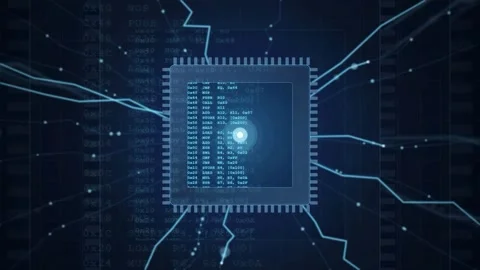 Digital CPU processor chip with glowing data streams and binary code on dark Video stock 343172171