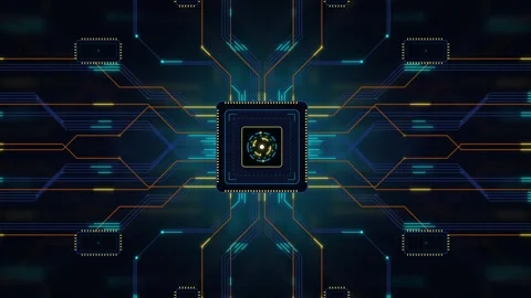 Digital cpu processor circuit board animation with glowing data transfer ne.. Stock Footage 337559695