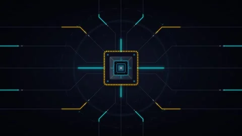 Digital cpu processor hud interface with glowing data circuitry and cyberne.. Stock Footage 337566579