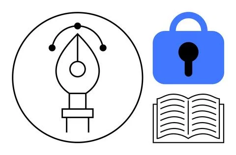 Digital Creativity and Security with Pen Tool Lock Symbol and Open Book Stock Illustration