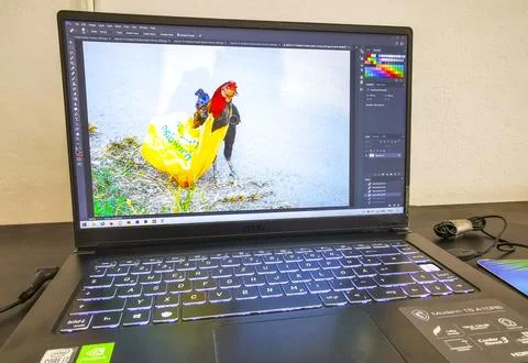 Digital creator editing chicken image laptop coffee photoshop creative work.. Stock Photos