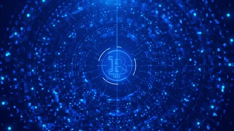 Digital crypto coin network visual Bitcoin pixel tunnel, data rings, cyber finan Stock Footage 340557366