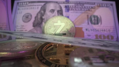 Digital crypto money surrounded by many american dollars in neon light. Many Stock Footage 141110401