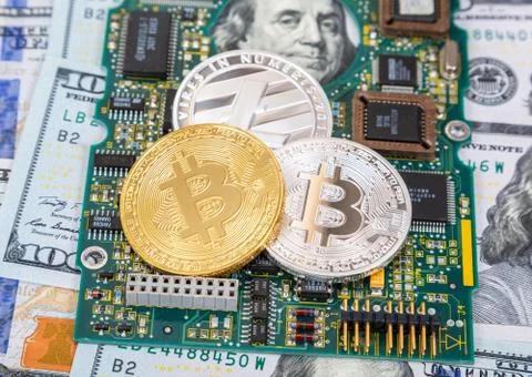 Digital cryptocurrency bitcoin, electronic computer component and american do Stock Photos