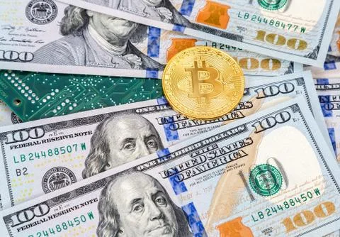Digital cryptocurrency bitcoin, electronic computer component and american do Stock Photos