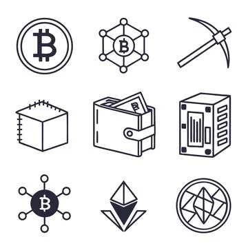 Digital cryptocurrency bitcoin ethereum mining finance outline icons set Stock Illustration