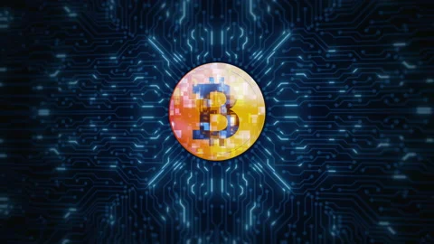 Digital Cryptocurrency Bitcoin Symbol on Circuit Board Animation. Video stock 150411025