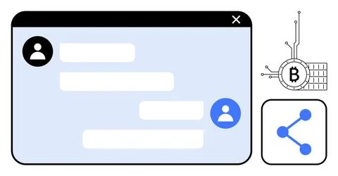 Digital Cryptocurrency Chat Interface with Blockchain and Sharing Icons 스톡 일러스트