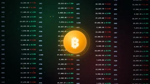 Digital cryptocurrency data screen with glowing bitcoin symbols and fluctuating Stock Footage 344775395