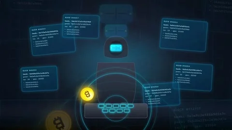Digital cryptocurrency mining animation with floating bitcoin coins and Stock Footage 341832336