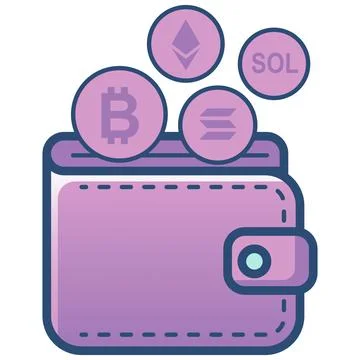 Digital cryptocurrency wallet with virtual coins flat outline icon. Stock Illustration