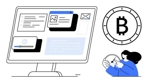 Digital Cryptocurrency Workflow with Computer Screen, Bitcoin Icon, and Per.. Stock Illustration