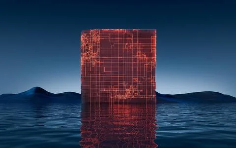 Digital cube and water surface background, 3d rendering. Stock Illustration