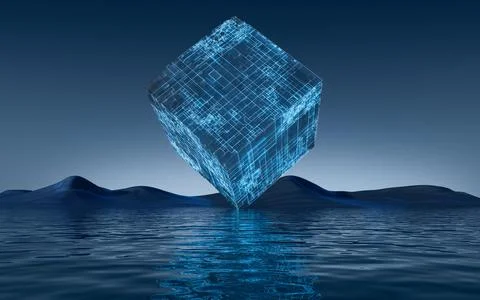 Digital cube and water surface background, 3d rendering. Stock Illustration