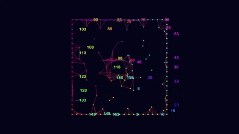 Digital cube with neon dots and numbers on black gradient Stock Footage 233278350