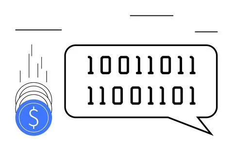 Digital Currency and Binary Code Concept with Coins and Communication Bubble Stockillustratie