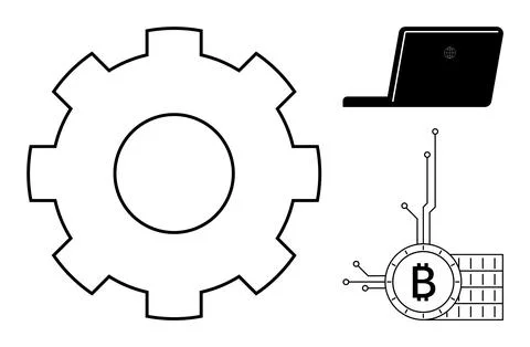 Digital Currency and Technology Computer Gear with Bitcoin Symbol Connected Stock-Illustration